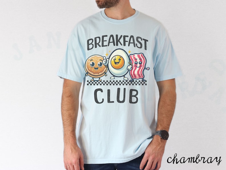 Maglietta del club per amanti della colazione, cibo, personaggio dei cartoni animati, maglietta carina, divertente, eccentrico, abbigliamento casual animato, maglietta unisex con pancetta e uova di pancetta stravaganti Chambray