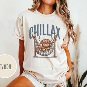 Highland Cow Summer T-shirt Comfort Colors Chillax Cool Laid Back Top Cute Animal Whimsical Style Tee Outdoor Cartoon Humor Graphic Vacation