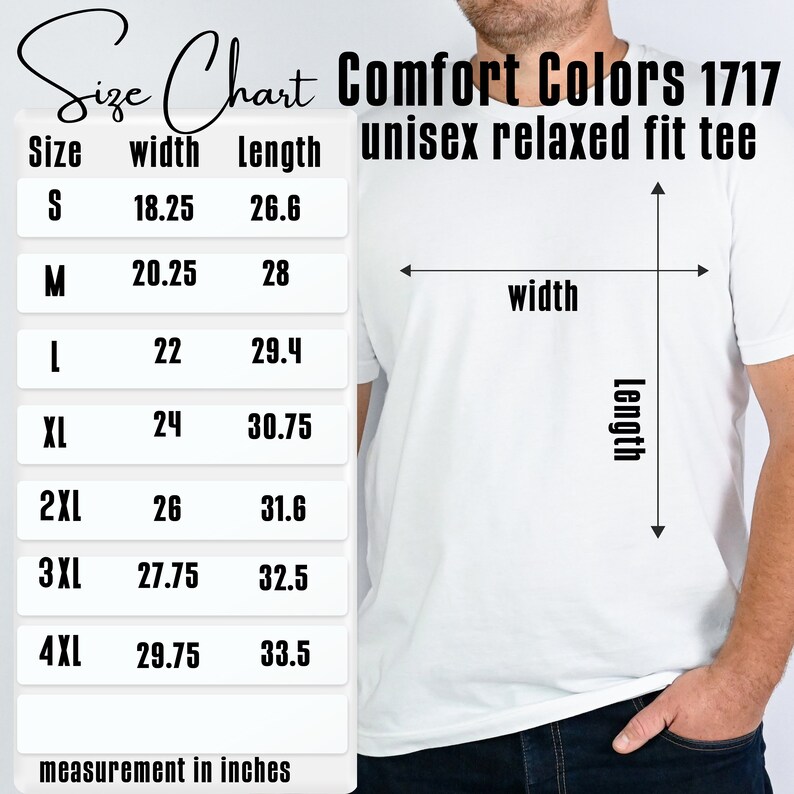 Może przedstawiać: Tabela rozmiar&oacute;w dla unisexowej koszulki o luźnym kroju Comfort Colors 1717. Tabela pokazuje szerokość i długość w calach dla rozmiar&oacute;w od S do 4XL.