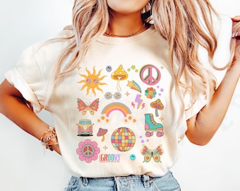 Groovy Retro Hippie T-shirt Youth Adult Comfort Colors Tee Rainbow Psychedelic Mushroom Sun Disco Ball Graphic Top Peach Love Flower Gift
