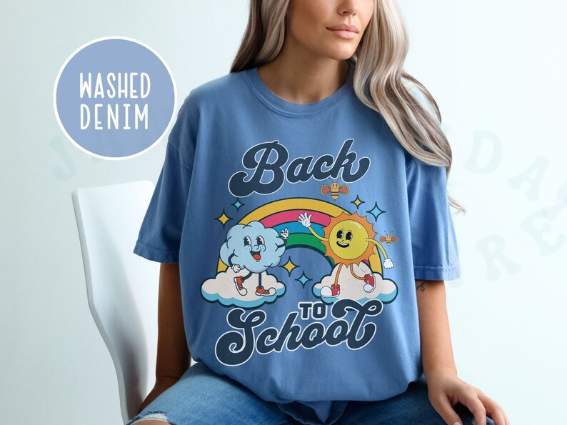 Back To School Teaching Shirt Comfort Colors Playful Rainbow Sun Cloud Cartoon Character Tee Colorful Retro Vintage Style Teacher Gift Tee Washed Denim