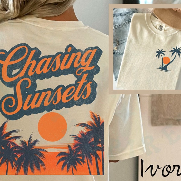 Chasing Sunsets Summer Beach T-shirt Comfort Colors Vintage Retro Style Top Travel Vacay Beachwear Sunset Casual Front Pocket And Back Tee