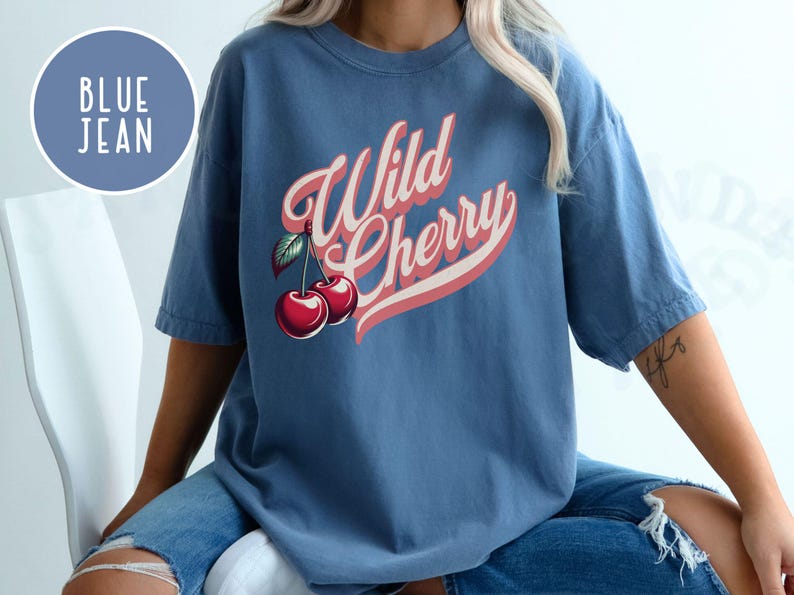 Vintage Wild Cherry T-shirt Comfort Colors Casual Cherry Lover Gift Tee Americana Old School Retro Style Shirt Unique Cherries Cursive Top Blue Jean
