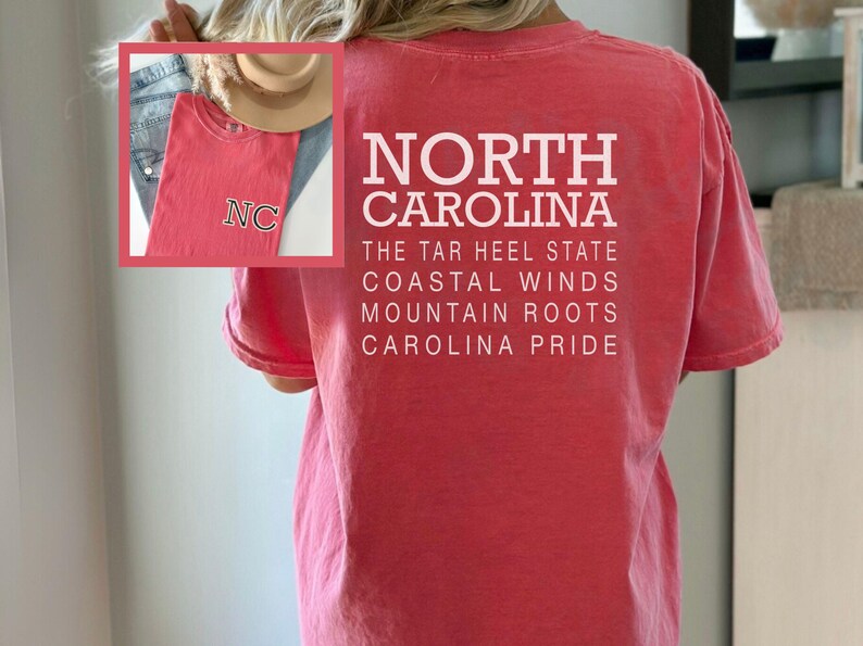 May include: A red t-shirt with the text "NORTH CAROLINA" and other phrases in white. An inset image shows a matching shirt with "NC" on it. The shirt is a casual wear item.