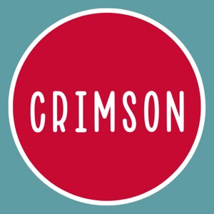 May include: A red circle with a white outline and the word "CRIMSON" written in white inside.