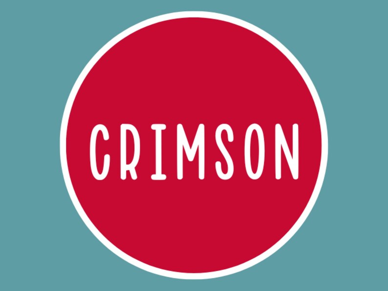May include: A red circle with a white outline and the word "CRIMSON" written in white inside.
