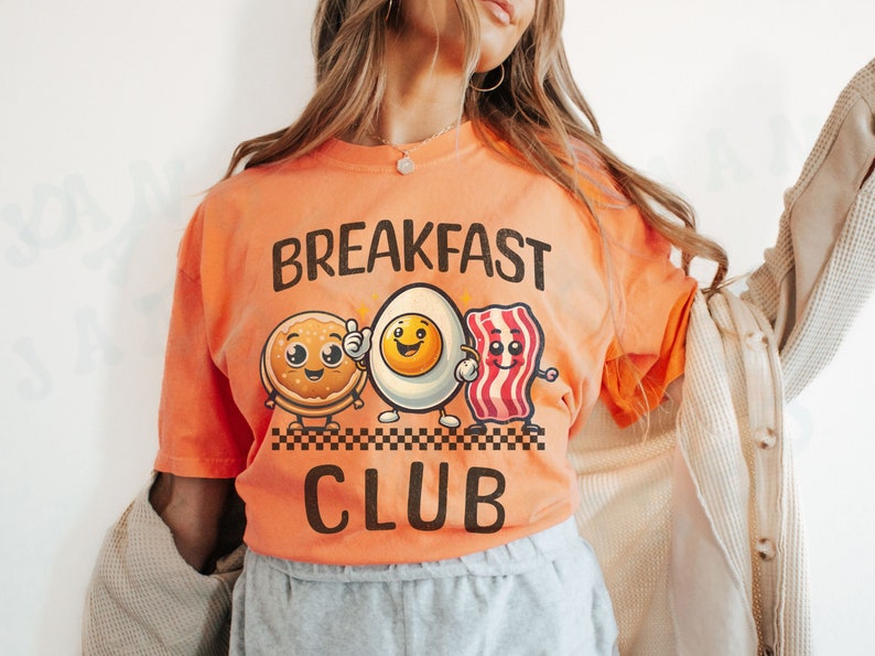 Maglietta del club per amanti della colazione, cibo, personaggio dei cartoni animati, maglietta carina, divertente, eccentrico, abbigliamento casual animato, maglietta unisex con pancetta e uova di pancetta stravaganti Burnt Orange