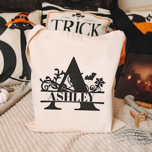Bolsa de mano con monograma personalizado para adultos o niños, ideal para Halloween, para pedir dulces, festiva, de otoño, accesorio para profesores, con nombre personalizado
