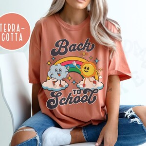 Back To School Teaching Shirt Comfort Colors Playful Rainbow Sun Cloud Cartoon Character Tee Colorful Retro Vintage Style Teacher Gift Tee Terracotta