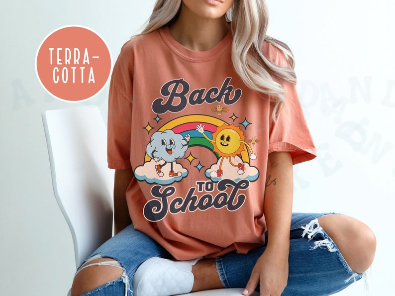 Back To School Teaching Shirt Comfort Colors Playful Rainbow Sun Cloud Cartoon Character Tee Colorful Retro Vintage Style Teacher Gift Tee Terracotta