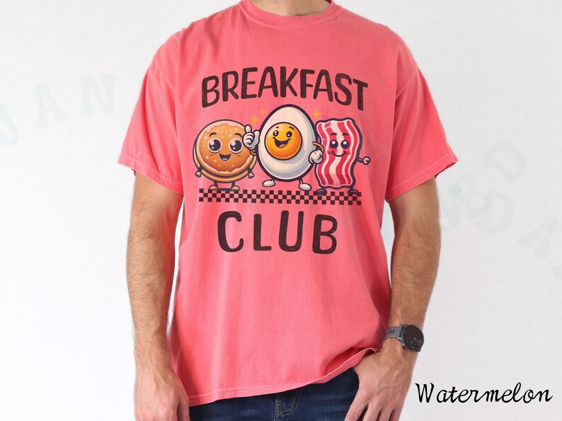 Maglietta del club per amanti della colazione, cibo, personaggio dei cartoni animati, maglietta carina, divertente, eccentrico, abbigliamento casual animato, maglietta unisex con pancetta e uova di pancetta stravaganti Watermelon