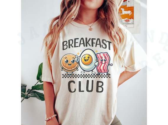 Breakfast Lover Club T-shirt Food Cartoon Character Cute Tee Humorous Quirky Animated Casual Wear Whimsical Bacon Egg Pancake Unisex Shirt