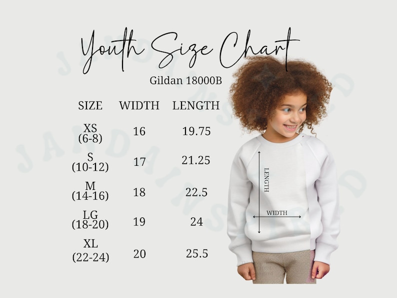 Puede incluir: Tabla de tallas para sudaderas Gildan 18000B para j&oacute;venes, que muestra las medidas de ancho y largo en pulgadas para las tallas XS (6-8) a XL (22-24).