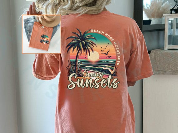 Chasing Sunsets Beach T-shirt Beach More Worry Less Tee Retro Sunset Palm Tree Graphic Tee Tropical Vintage Coastal Summer Vacay Boho Shirt