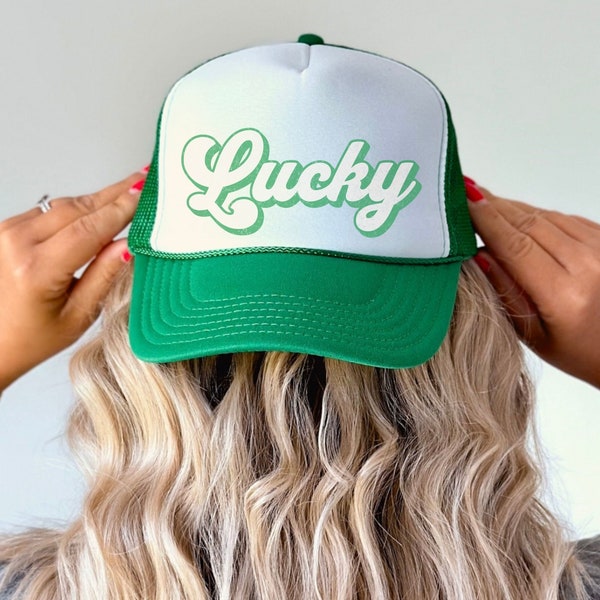 Retro Trucker Lucky Hat Green And Cream Vintage Old School Cap Lucky Charm Hat Iconic Fashionable Accessory Cursive Luck Statement Headwear