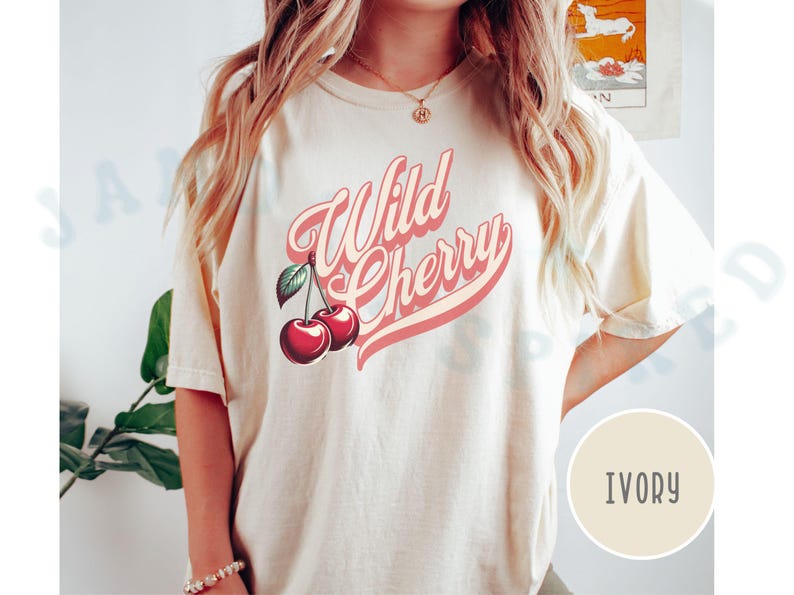 Vintage Wild Cherry T-shirt Comfort Colors Casual Cherry Lover Gift Tee Americana Old School Retro Style Shirt Unique Cherries Cursive Top Ivory
