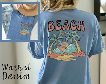 Beach Vibes Summer T-shirt Comfort Colors Whimsical Women's Tropical Palm Tree Top Front And Back Design Vacation Travel Tee Retro Casual