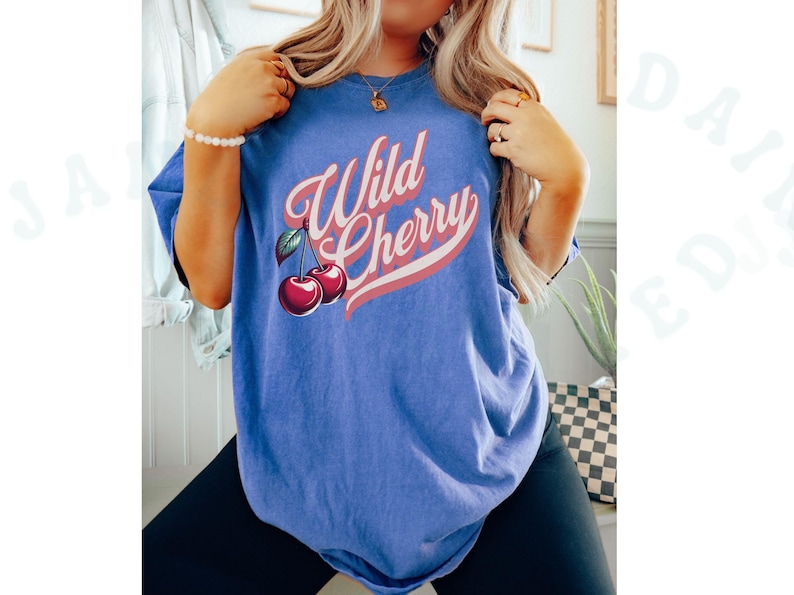 Vintage Wild Cherry T-shirt Comfort Colors Casual Cherry Lover Gift Tee Americana Old School Retro Style Shirt Unique Cherries Cursive Top Flo Blue
