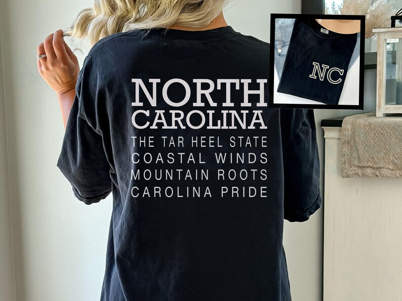 May include: Black t-shirt with white text reading "NORTH CAROLINA" and related phrases. An inset image shows a similar shirt with "NC" in gold lettering. The shirt is a casual wear item.