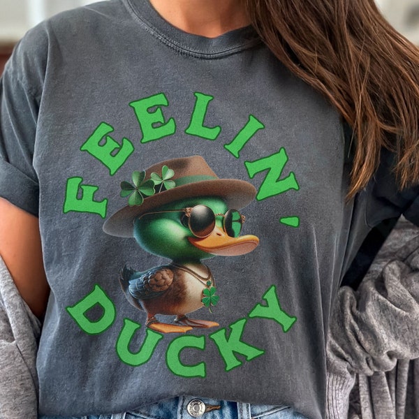 Feelin Ducky Tshirt Whimsical Duck Lover's Tee Trendy Lucky Charm St Patrick's Day Wear Quirky Duck Casual Four Leaf Clover Playful Top Gift