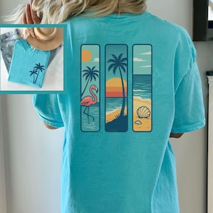 Retro Beachwear Vintage Summer T-shirt Comfort Colors Flamingo Palm Tree Graphic Top Island Vacation Travel Sunset Tropical Beach Lover Gift