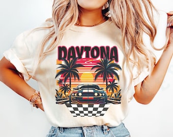Daytona Florida Racing Retro Shirt Tropical Sunset Beachwear Tee Summer Checkered Flag Palm Tree Design Top Vintage Sunset Race Car Lover