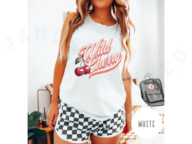 Vintage Wild Cherry T-shirt Comfort Colors Casual Cherry Lover Gift Tee Americana Old School Retro Style Shirt Unique Cherries Cursive Top Tank Top White