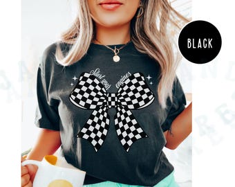 Retro Racing Day Shirt Comfort Colors Checkerboard Coquette Bow Graphic Top Start Your Engines Race Day Vintage Top For Women Retro Gift Tee