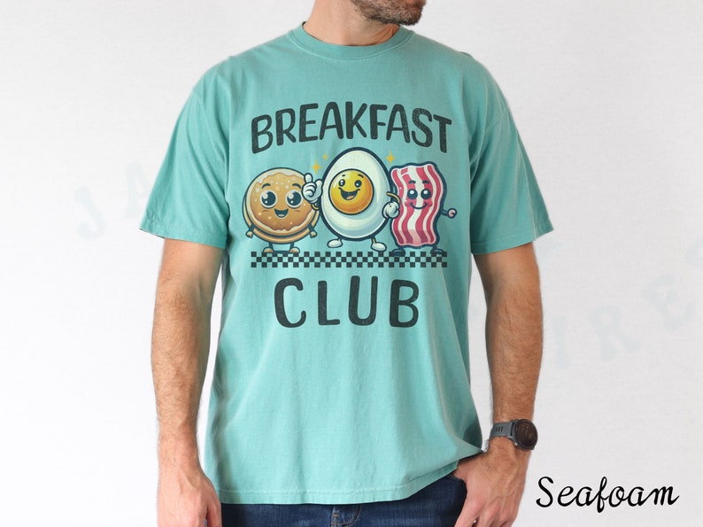 Maglietta del club per amanti della colazione, cibo, personaggio dei cartoni animati, maglietta carina, divertente, eccentrico, abbigliamento casual animato, maglietta unisex con pancetta e uova di pancetta stravaganti Seafoam