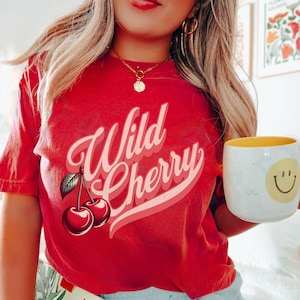 Vintage Wild Cherry T-shirt Comfort Colors Casual Cherry Lover Gift Tee Americana Old School Retro Style Shirt Unique Cherries Cursive Top Red