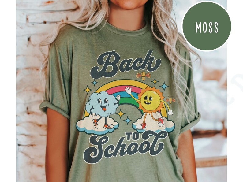 Back To School Teaching Shirt Comfort Colors Playful Rainbow Sun Cloud Cartoon Character Tee Colorful Retro Vintage Style Teacher Gift Tee Moss