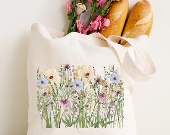 Sac à main, sac fourre-tout floral, fourre-tout en toile imprimé botanique mignon, sac de tous les jours, sac fourre-tout réutilisable fleurs, cadeau de rentrée scolaire, sac fourre-tout en toile,