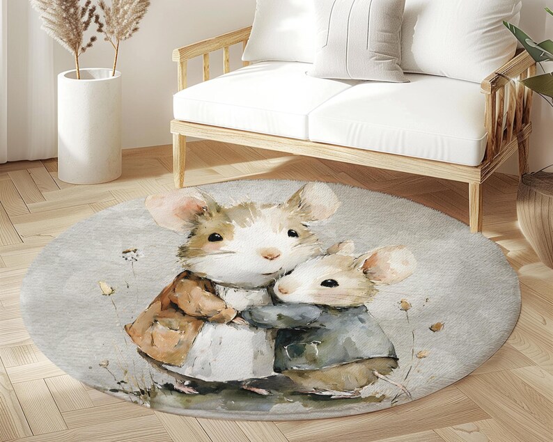 Mouse Pelt Rug Cute Mouse Watercolor Nursery Rug, Woodland Mice Hugging Carpet ...