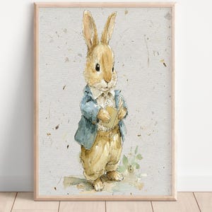 Studious Rabbit Nursery Wall Art Watercolor Bunny Poster Woodland Animal Print Storybook Decor Baby Room Cottagecore Boho
