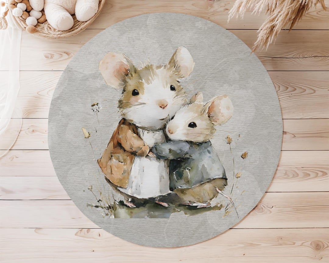Mouse Rug Coasters Cute Mouse Watercolor Nursery Rug, Woodland Mice Hugging Carpet ...