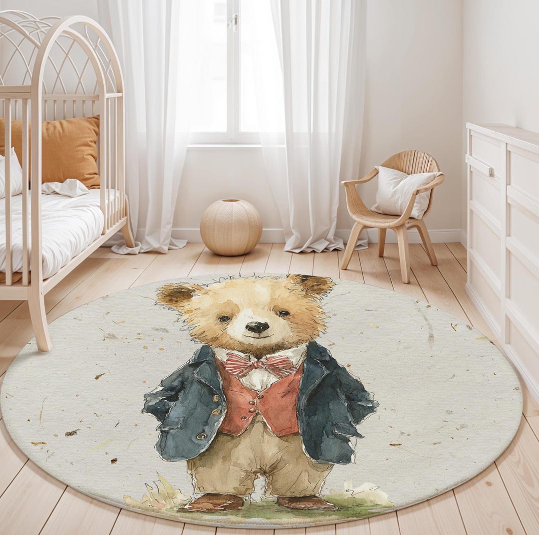 Original Grumpy Bear Rug Whimsical Bear Portrait Round Rug, Vintage Watercolor Illustration ...