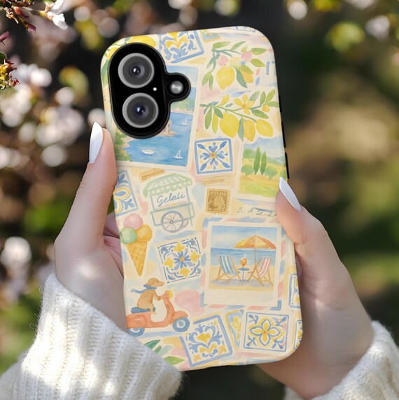 Amalfi Italy Coast Phone Case,  Italian Coastal Travel Collage, Lemon Vespa Gelato Summer Art, Soft Pastel Cover for iPhone Galaxy Samsung