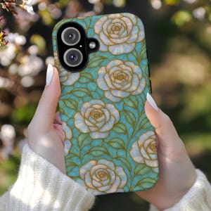 Iridescent Roses Stained Glass Effect Phone Case, 3D Mosaic Tough Case, Mother Of Pearl Effect with Flowers, Case for iPhone Galaxy Samsung