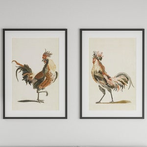 Puede incluir: Dos ilustraciones enmarcadas de gallos, una con un gallo marrón y blanco y la otra con un gallo blanco y gris, colgadas en una pared blanca sobre una cama con un edredón blanco y una manta gris y blanca.