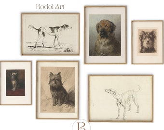 Op de afbeelding: Een verzameling ingelijste zwart-wit en sepia getinte hondenillustraties. De illustraties tonen verschillende hondenrassen, waaronder een beagle, een terriër en een windhond. De lijsten zijn allemaal in een eenvoudige, elegante stijl.