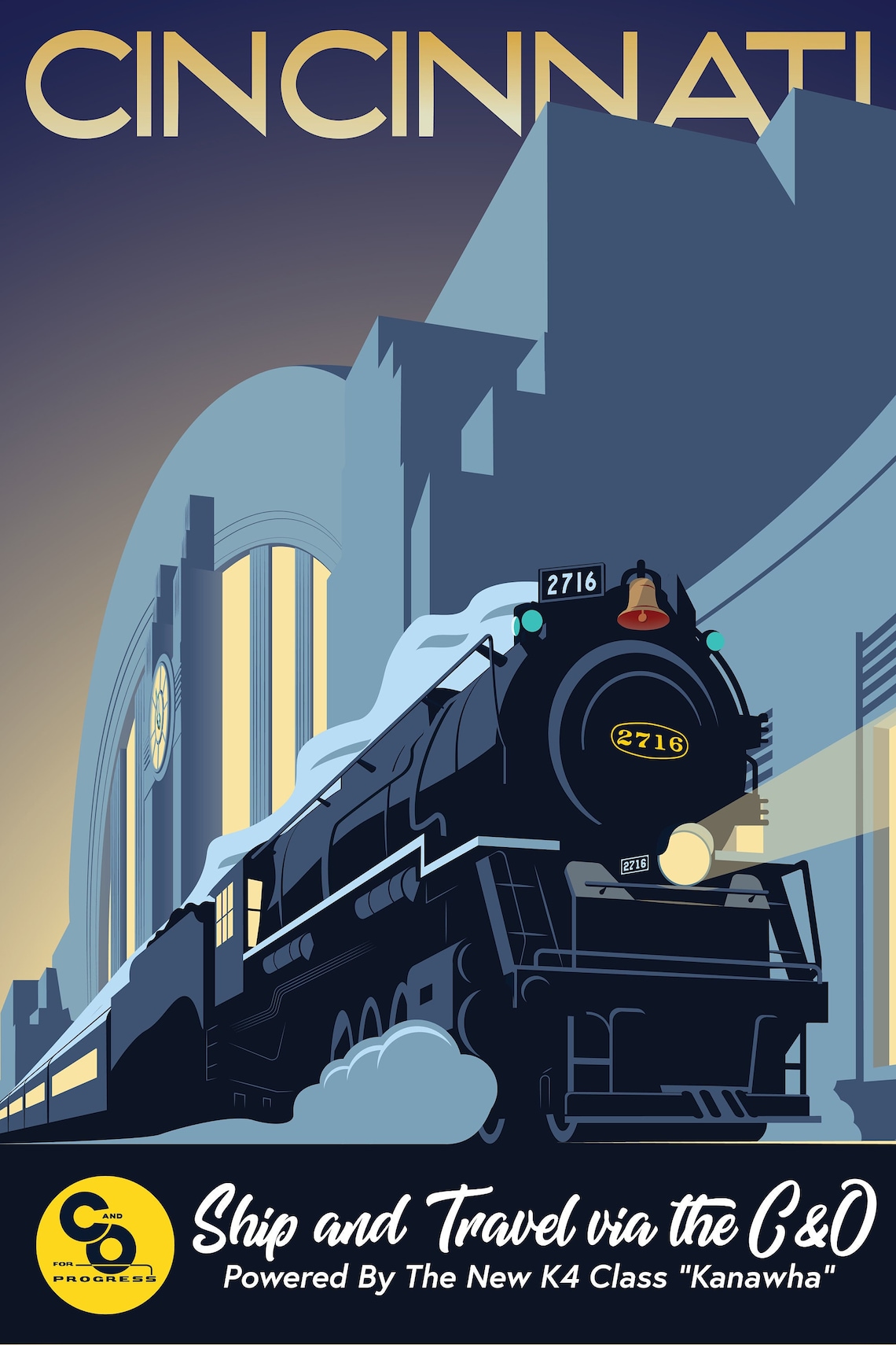 Art Deco Steam Train Arriving at Station Art Deco Wall Art Etsy