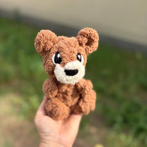 May include: A handmade brown teddy bear plushie with a white muzzle and black eyes. The bear has a fluffy texture and is sitting upright. The background is blurred, with green and tan tones.