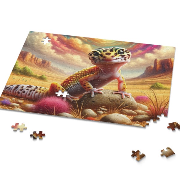 Leopard Gecko Jigsaw Puzzle | Glossy Chipboard, 120/252/500 Pieces - Gift Box Included with this Colorfully Designed Lizard Puzzle