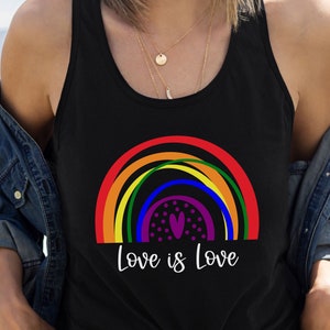 Love is Love Rainbow Doodle Racerback Women&#39;s Tank Top Or Rainbow Pride Unisex Jersey Tank Top, Gay Pride Sleeveless Shirt in White or Black