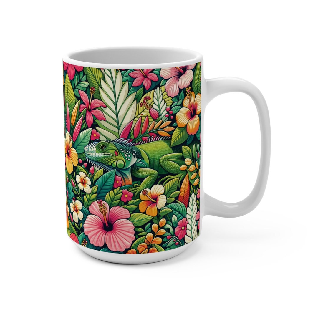 Colorful Iguana and Hibiscus Durable Mug | 11oz and 15oz White Ceramic ...