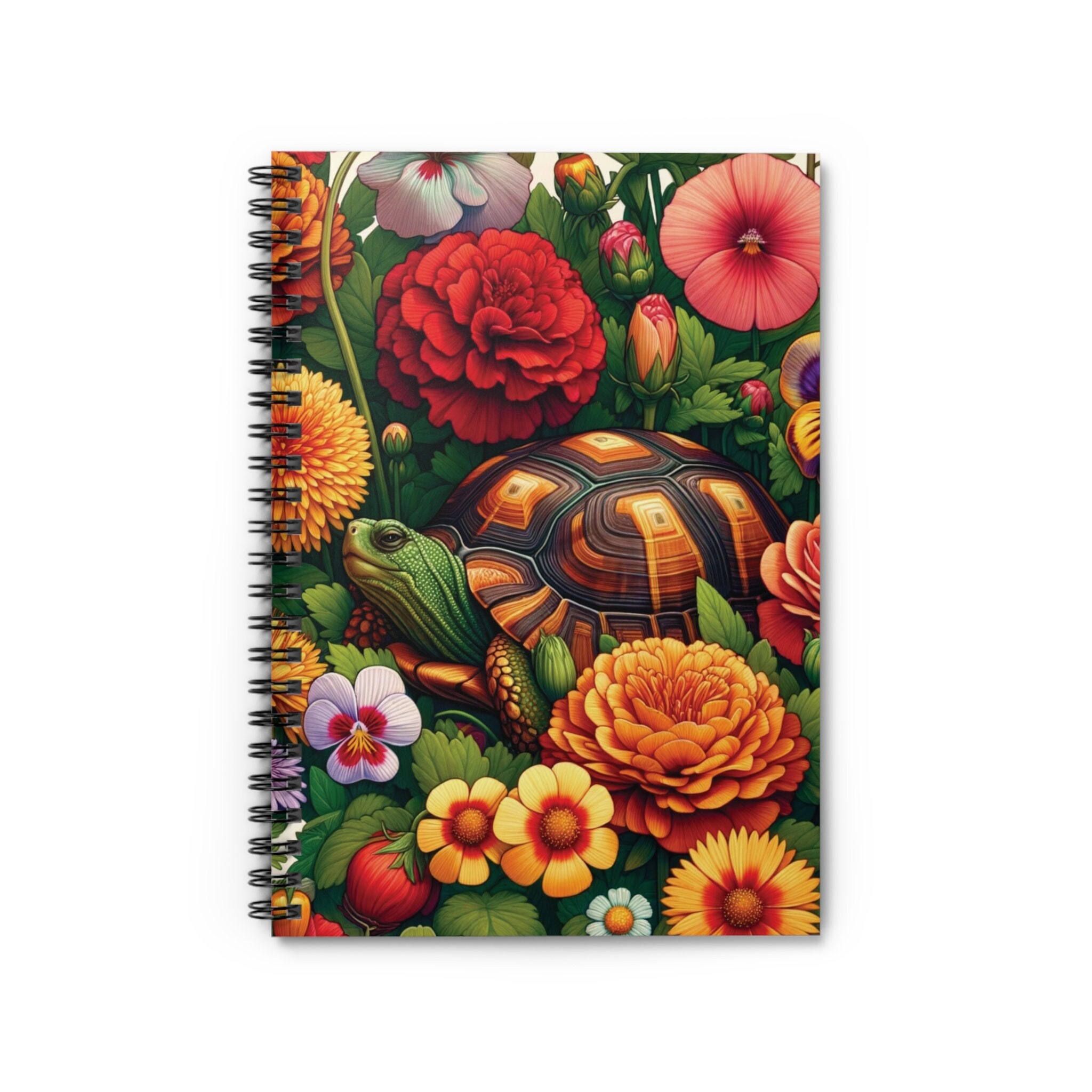 Box Turtle Garden Journal - Vibrant Floral Notebook | Eco-Friendly Paper | Ruled Line Pages, Unique Stationery Gift | Cute Spiral Notebook