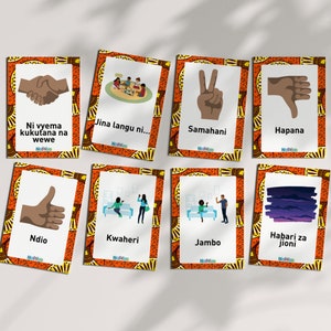 Schede didattiche bilingue Swahili/African Language, principianti, bambini e adulti, schede di conversazione, parole e frasi da sapere (27 schede)