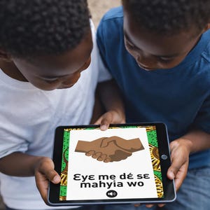 May include: Two children looking at a tablet displaying a graphic of two hands shaking. The tablet screen has text and a sound icon. The background is a mix of green, yellow, and brown patterns.