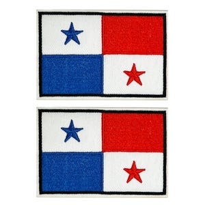 May include: Two embroidered patches depicting the Panamanian flag. Each patch has a white background with a blue square and a red square. A blue star is in the upper left, and a red star is in the lower right. The patches have a black border.
