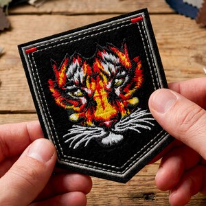 May include: A black embroidered patch with a tiger's face in orange, yellow, and white. The patch is rectangular with a white stitched border and a red accent. The tiger's eyes are green, and the design is detailed. A decorative item.